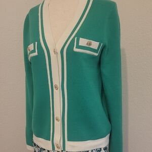 Adrienne Vittadini Green and Cream Cardigan